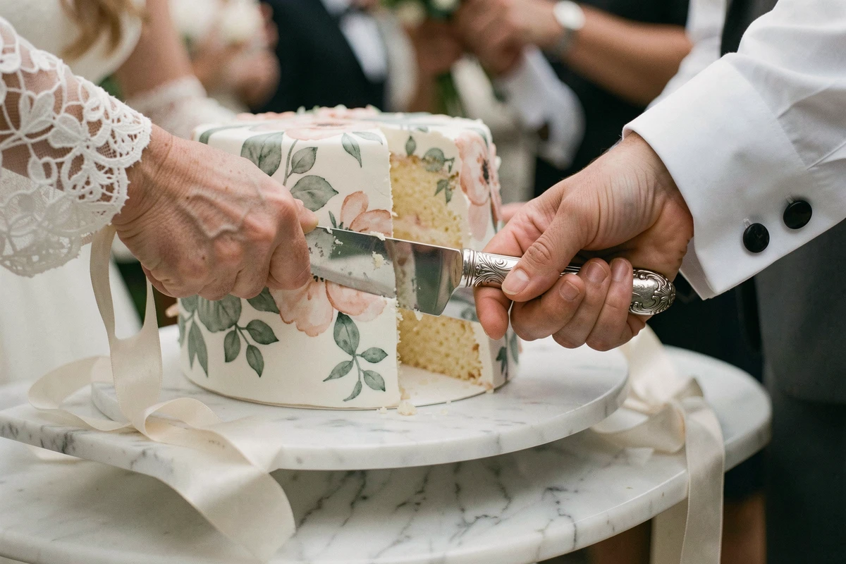 Gros plan sur la découpe du gâteau de mariage orné de motifs floraux aquarelle avec les mains des mariés