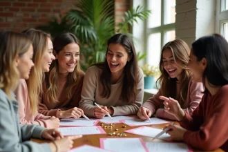 Groupe d'amies jouant à un jeu EVJF à imprimer autour d'une table en bois avec fiches imprimées et accessoires festifs