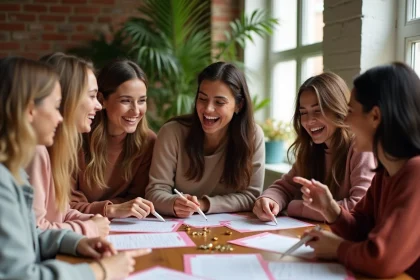 Groupe d'amies jouant à un jeu EVJF à imprimer autour d'une table en bois avec fiches imprimées et accessoires festifs