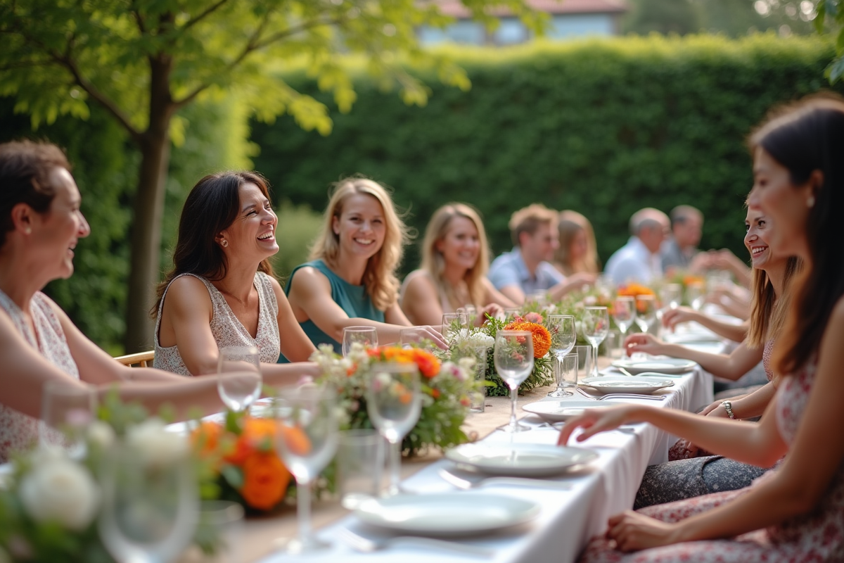 Groupe d invités riant autour de cartes en origami dans un jardin