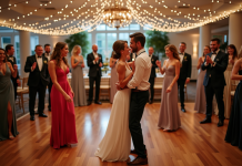 Groupe d'invités dansant lors d'un mariage élégant