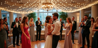 Groupe d'invités dansant lors d'un mariage élégant