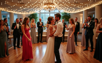 Chanson post-mariage : quelle musique pour la fête ? Groupe d'invités dansant lors d'un mariage élégant
