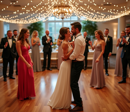 Groupe d'invités dansant lors d'un mariage élégant