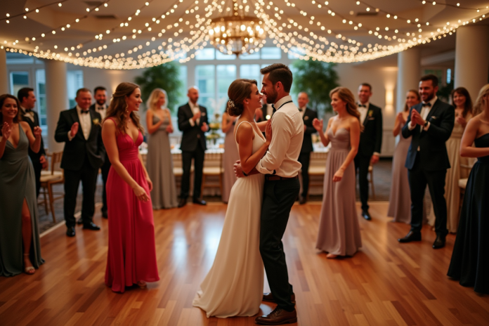 Groupe d'invités dansant lors d'un mariage élégant