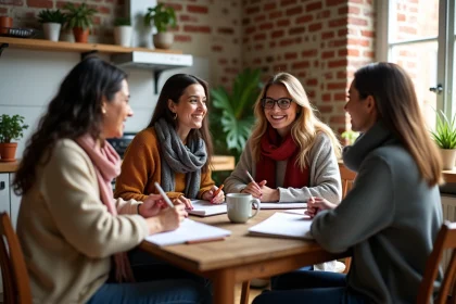 Femmes rieuses autour d une table de cuisine chaleureuse
