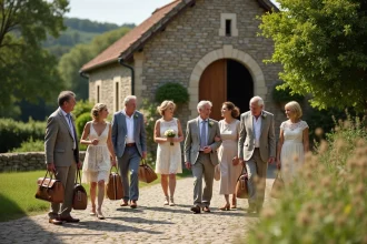 Groupe d'invités élégants devant une vieille chapelle pour un mariage