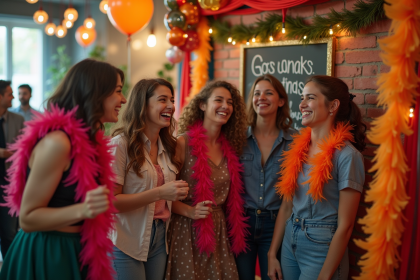 Groupe de jeunes souriants dans un photobooth festif