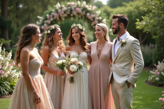 Groupe d'invités élégants dans un jardin pour un mariage 2025