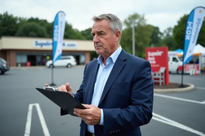 Homme d'affaires en costume bleu examinant la signalétique extérieure