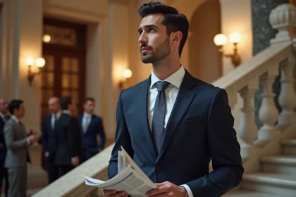 Homme en costume élégant près d'un escalier en marbre