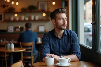 Homme marié pensif dans un café regardant par la fenêtre avec une alliance visible, exprimant un conflit émotionnel intérieur