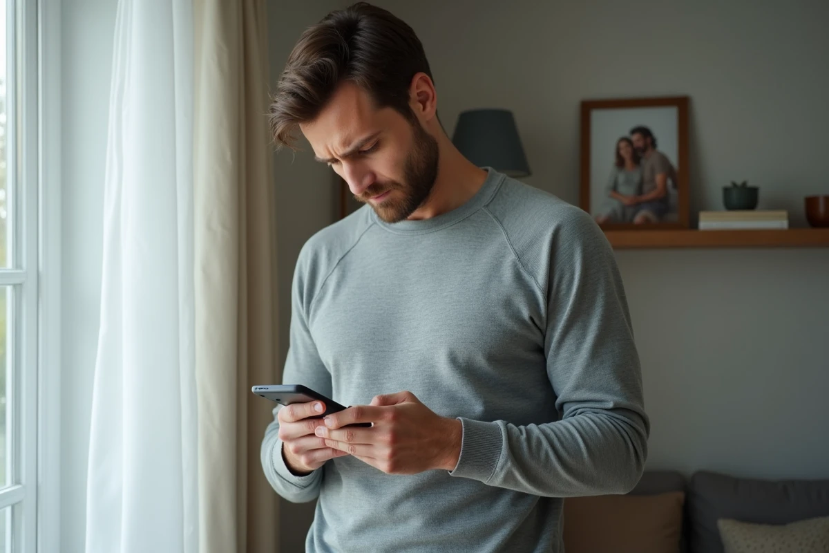 Homme marié regardant son téléphone avec une expression hésitante dans un appartement moderne, photo de famille floue en arrière-plan symbolisant le dilemme émotionnel