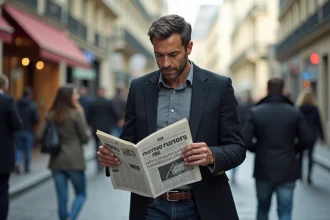 Homme élégant regardant un journal à Paris