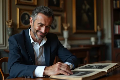 Homme français en costume regardant un album photo ancien