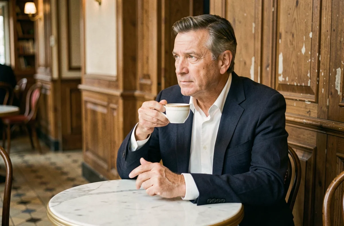 Homme pensif attablé seul dans une brasserie parisienne, évoquant la discrétion et l'intimité d'un personnage méconnu du grand public