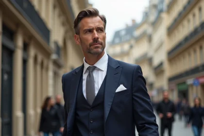 Homme élégant en costume marine marchant seul dans une rue parisienne haussmannienne, illustrant la vie privée et le célibat assumé d'un homme politique français