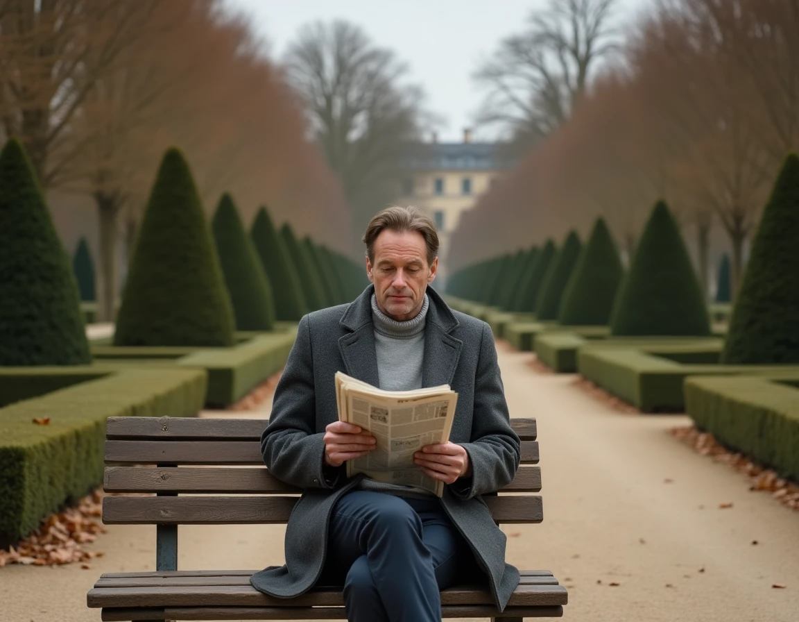 Homme solitaire et pensif assis sur un banc dans un jardin parisien en automne, symbolisant le célibat assumé et la vie intérieure d'un personnage public