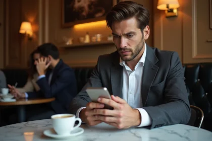 Homme trentenaire élégant consultant une application de rencontre premium dans un café parisien