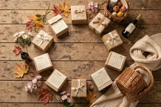 Vue en plongée d'un arrangement de douze cadeaux mensuels sur une table en bois rustique, représentant l'idée de cadeaux offerts tout au long de l'année