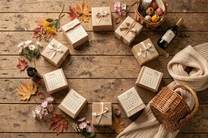 Vue en plongée d'un arrangement de douze cadeaux mensuels sur une table en bois rustique, représentant l'idée de cadeaux offerts tout au long de l'année