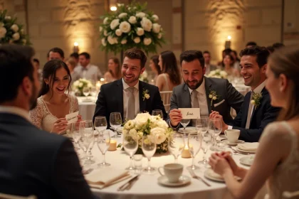 Groupe d'invités de mariage riant et participant à un jeu brise-glace autour d'une table décorée dans une salle de réception élégante