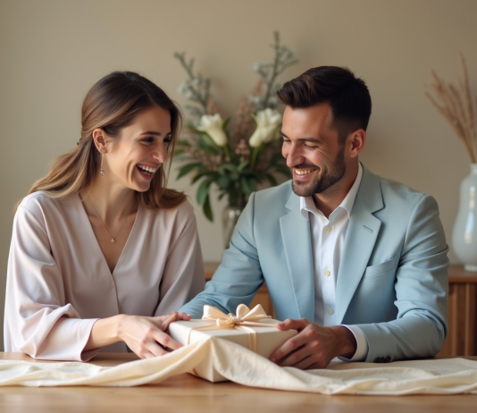 Cadeaux de mariage : pourquoi en offrir ? Idées et étiquette à respecter Jeune couple riant en déballant un cadeau de mariage