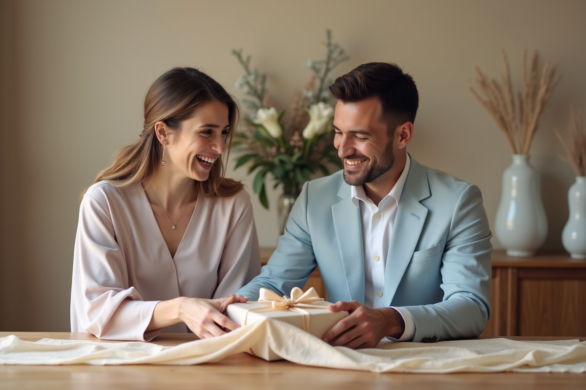 Jeune couple riant en déballant un cadeau de mariage