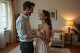 Jeune couple en danse dans un salon chaleureux