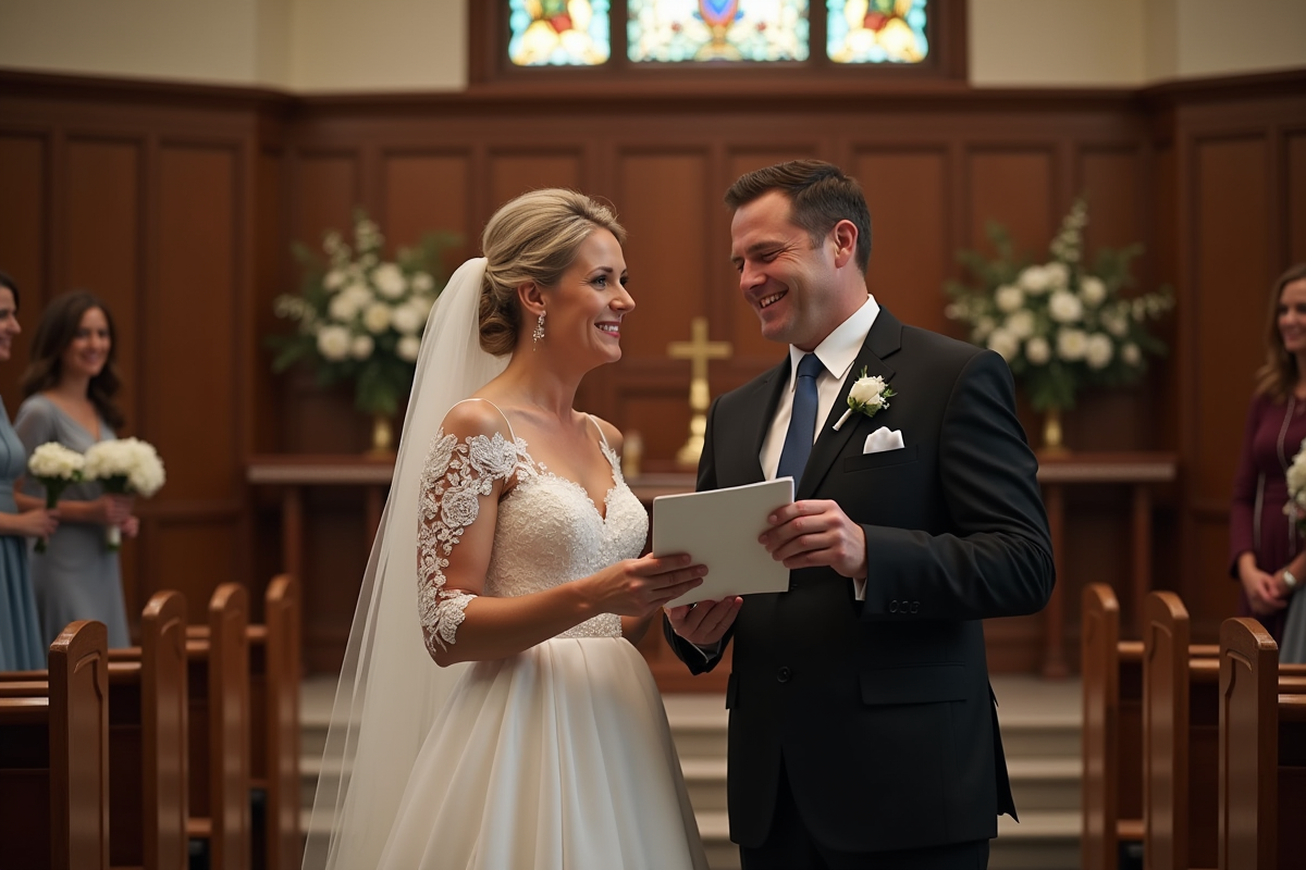 Jeune couple riant lors de la lecture de vœux dans une chapelle chaleureuse