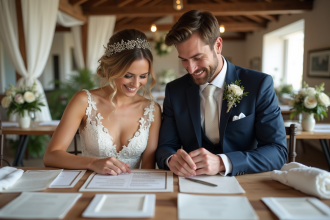 Jeune couple de mariés regardant des échantillons de décoration