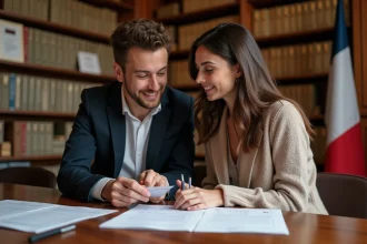 Jeune couple en mairie examinant des documents de mariage