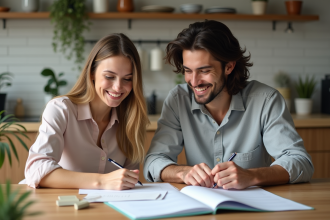 Jeune couple planifiant leur mariage à la maison