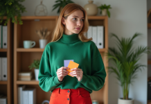 Jeune femme en vert et rouge examinant des échantillons de couleurs