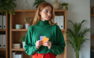 Couleurs qui ne s’accordent pas : Comment bien les assortir ? Jeune femme en vert et rouge examinant des échantillons de couleurs
