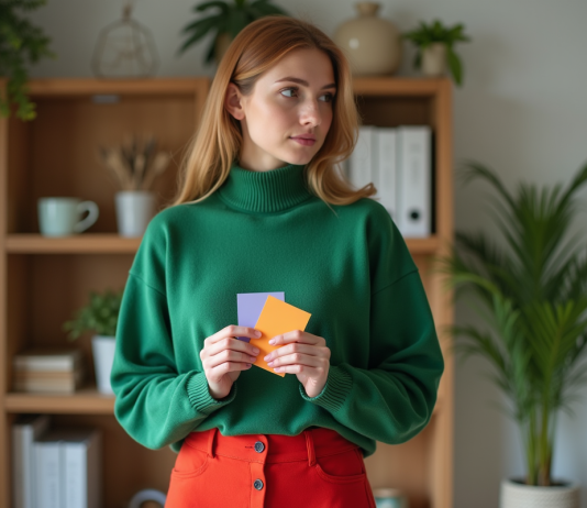 Jeune femme en vert et rouge examinant des échantillons de couleurs