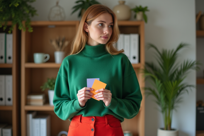 Jeune femme en vert et rouge examinant des échantillons de couleurs