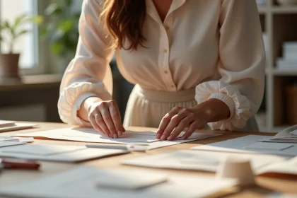 Jeune femme assemble invitations de mariage dans un studio lumineux