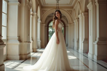 Jeune femme en robe de mariée élégante dans un hall en marbre