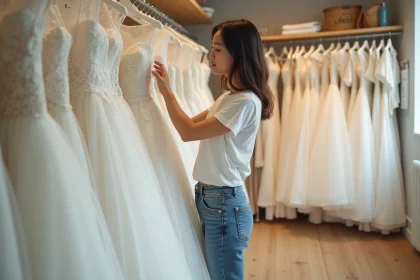 Jeune femme en jeans touche une robe de mariage dans une boutique