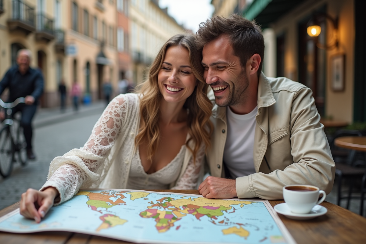 Couple marié consultant une carte du monde en extérieur