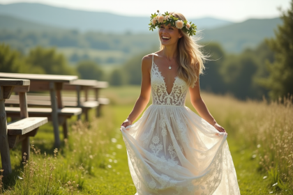 Jeune mariée bohème dans un champ ensoleille avec robe en dentelle et couronne de fleurs