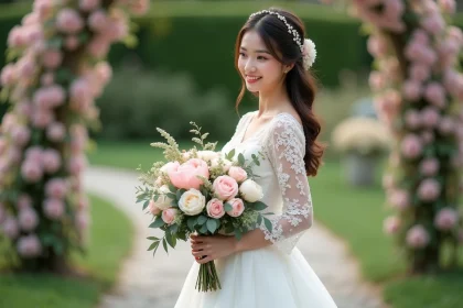 Jeune mariée en robe de dentelle ivoire avec bouquet de fleurs