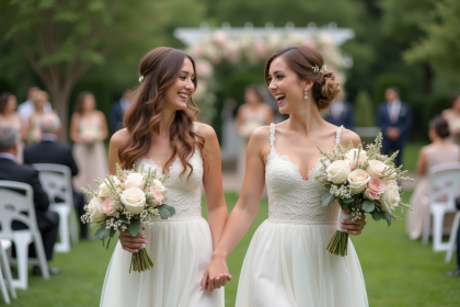 Deux jeunes mariées rient lors d'une réception en plein air