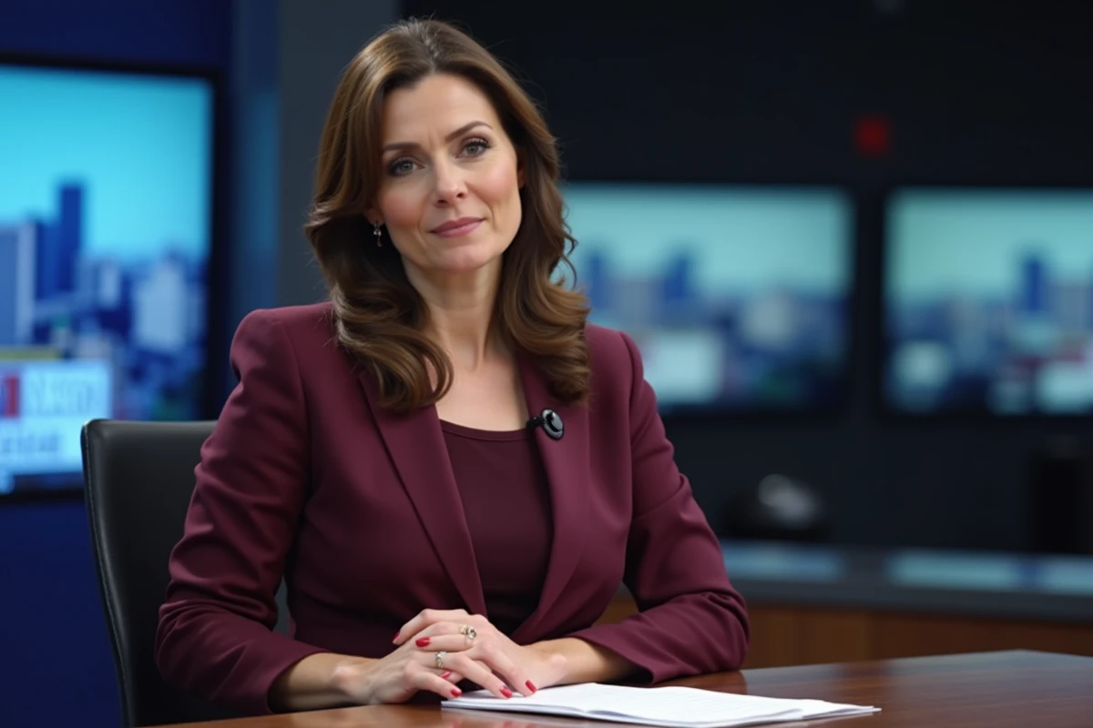 Journaliste féminine au bureau de présentation d'un studio télévisé, représentant les personnalités du journalisme politique français