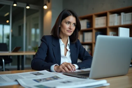 Journaliste professionnelle assise à un bureau éditorial avec un laptop affichant des résultats de recherche Google, ambiance journalistique contemporaine