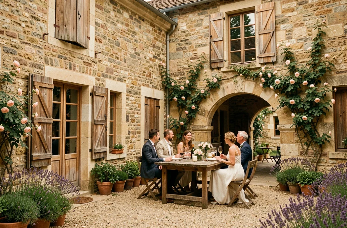 Petit mariage intimiste dans la cour de La Garlais en Loire-Atlantique, avec ses pierres apparentes, ses roses grimpantes et une table dressée sous une arche