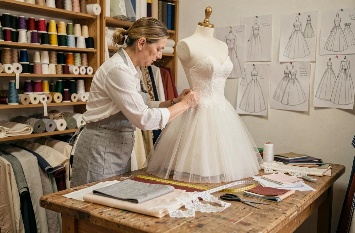 Couturière dans l'atelier artisanal Le Fil et Son Aiguille à Montpellier épinglant du tulle sur une robe de mariée sur mesure