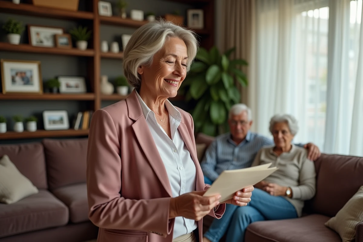 Femme lisant un discours manuscrit pour les 50 ans de mariage de ses parents dans un salon familial