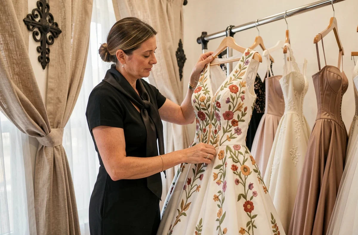 Conseillère défroissant une robe de mariée brodée de fleurs dans la boutique Les Mariées d'Oc à Béziers